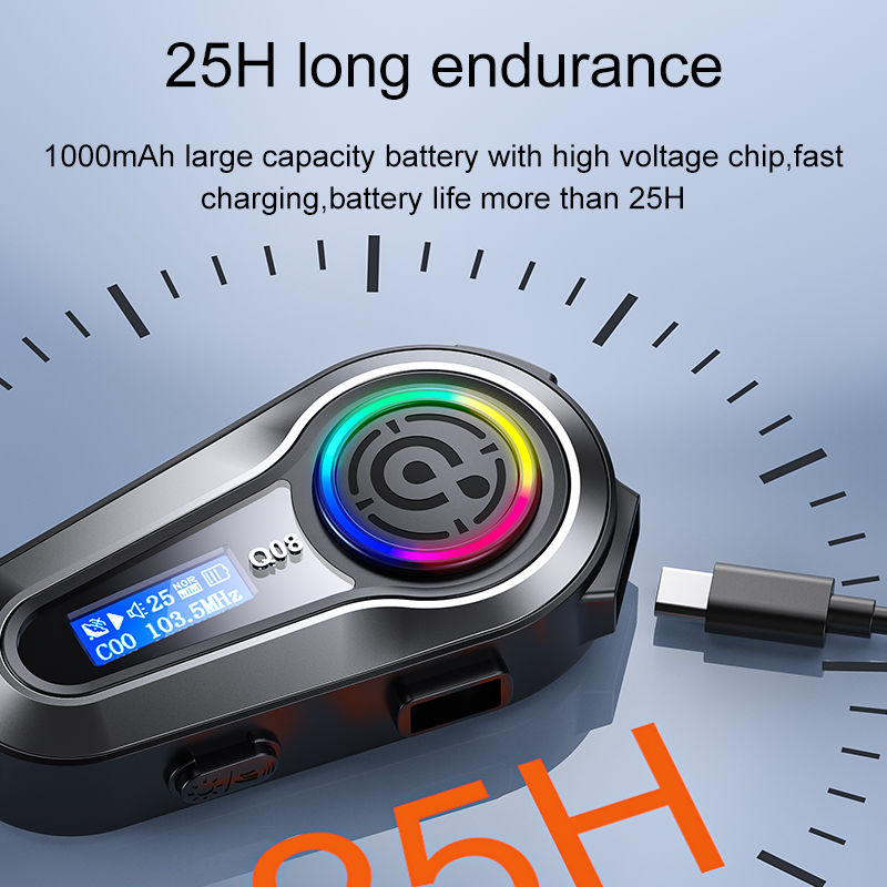 Q08 Motorcycle Helmet Bluetooth Headset EQ Sound Effect HD LCD Display IPX6 Waterproof Stereo FM Radio Stable Signal Headphone