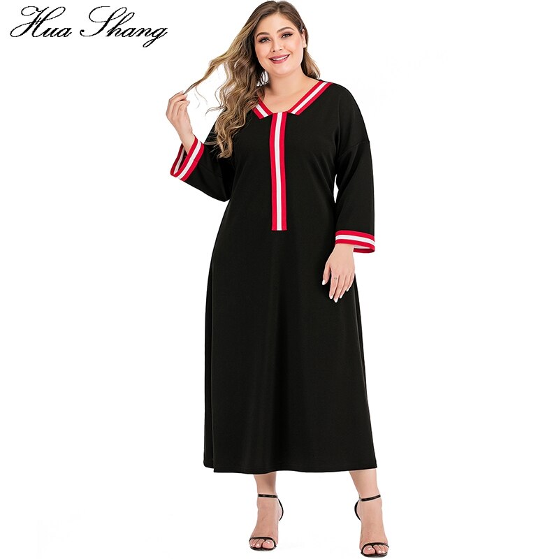 Plus size kvinder sommer afslappet kjole langærmet kvindelig patchwork v-hals solid sort maxi lange kjoler dame tunika kjole