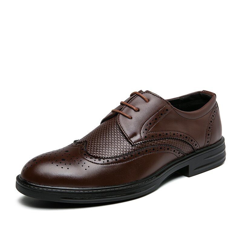 FIXSYS Leather Man Brogue Shoes Pointed Toe Oxford Shoes Classic Business Office Formal Shoes Stylish Mens Lace Up Wedding Shoes: Brown / 10