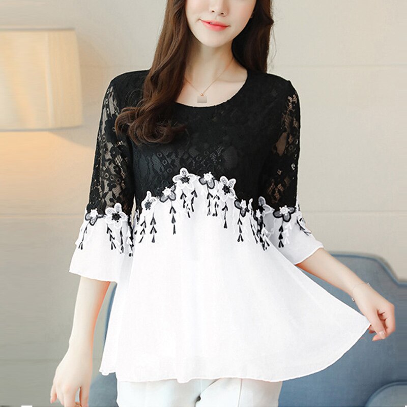 Plus size 3xl 4xl 5xl chiffon dames blouse shirt dames blouses uitgehold kant shirt vrouwen vrouwelijk