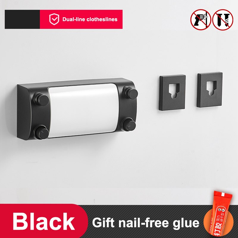 Retractable Clothes Line Double Layer Clothes Hanger Rope Stainless Steel Wall Hanger Cloth Drying Rack Towel Rack Clothesline: Black