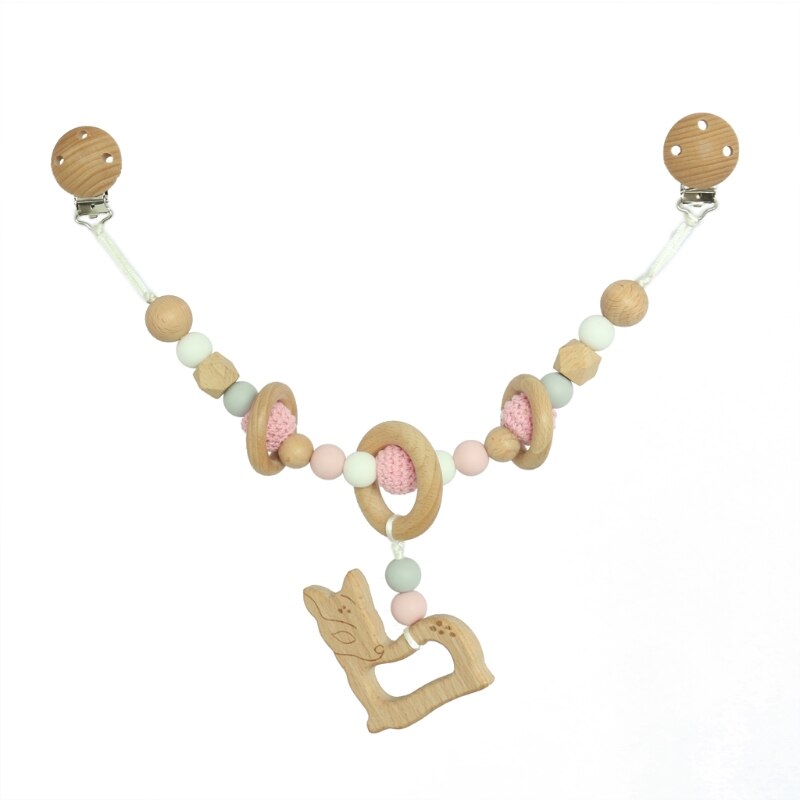 Pram Chain with Clips Nature Wooden Pram String Clips Mobile Pram Rattle Stroller Toys Neborn Toys: Deer 42cm
