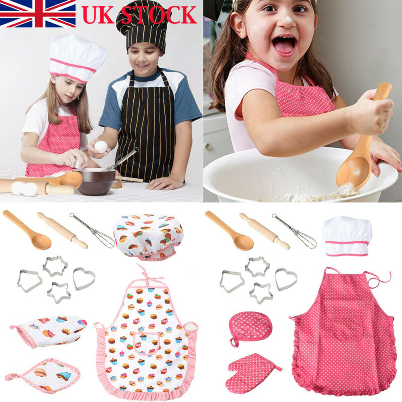 Børn madlavning og bagning sæt køkken deluxe kok sæt kostume foregiver rollespil kit forklæde hat dragt til 3 år gamle børn