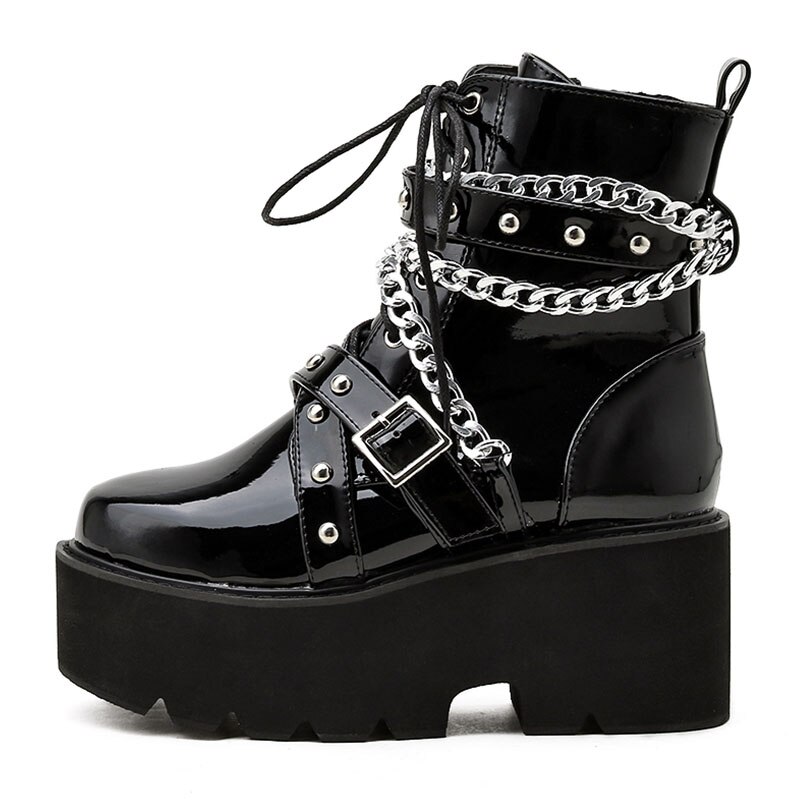 Skor på plattform kvinnor tjockt höga klackar punk stil svarta stövlar skor kedjelit demonia goth rund tå damer motorcykel  y2k