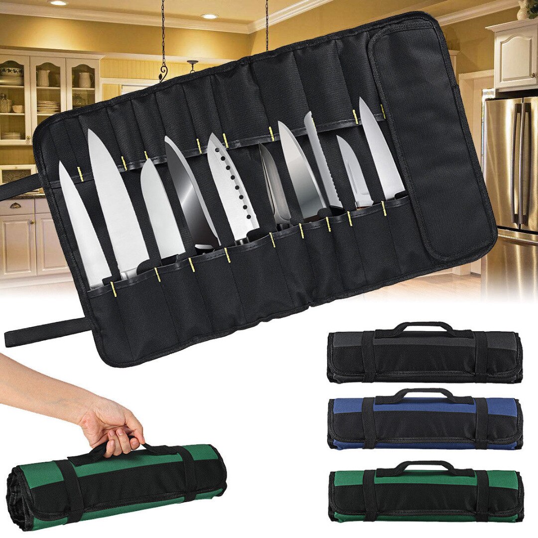 3 farve valg kok kniv taske rulle taske taske køkken madlavning bærbar holdbar opbevaring 22 lommer sort blå grøn
