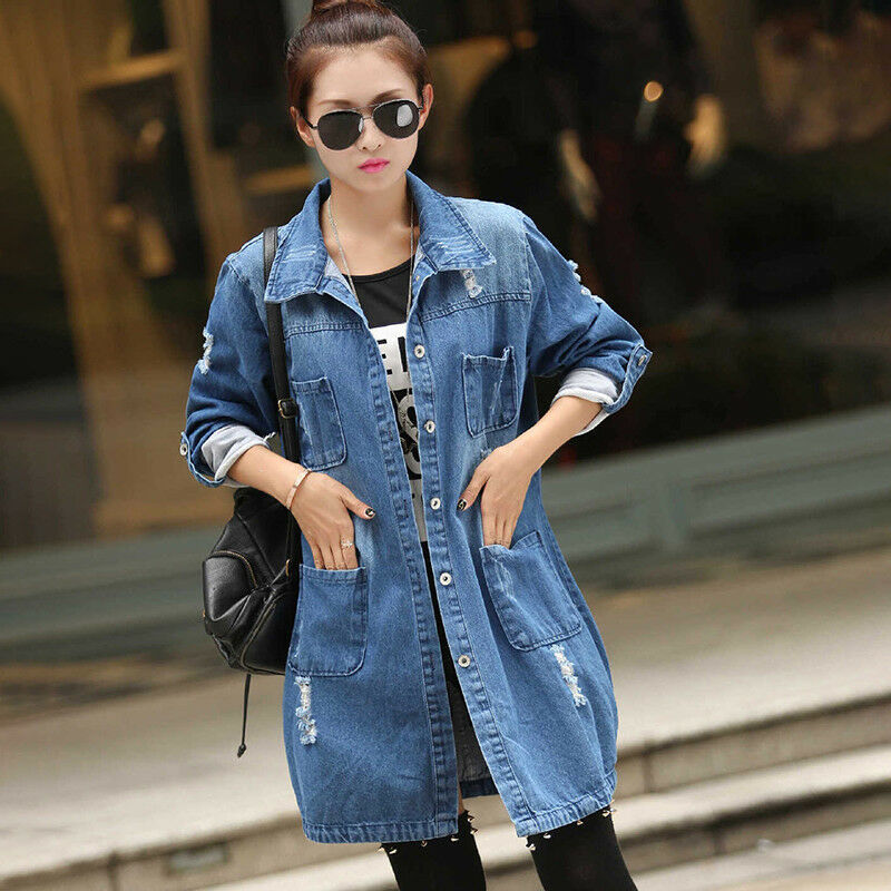 Women Long Sleeve Outwear Blue Denim Long Jeans Jacket Coat Plus Size