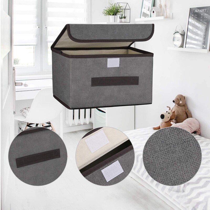 3 Pack Foldable Storage Boxes With Lids,Fabric Storage Basket Organiser For Wardrobe,Closet,Shelf(Gray)