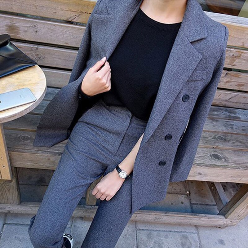 Business Pant Suits Uniform Formal Double Breasted Jacket and Long Pant Black Blazer Set Women OL 2 Two Pieces Suits: S