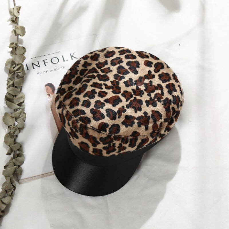 Style Leopard Print Hat Winter Cap Wool Hat Women Button Cap Casual Streetwear Fat Cap Autumn Berets Hat Cap