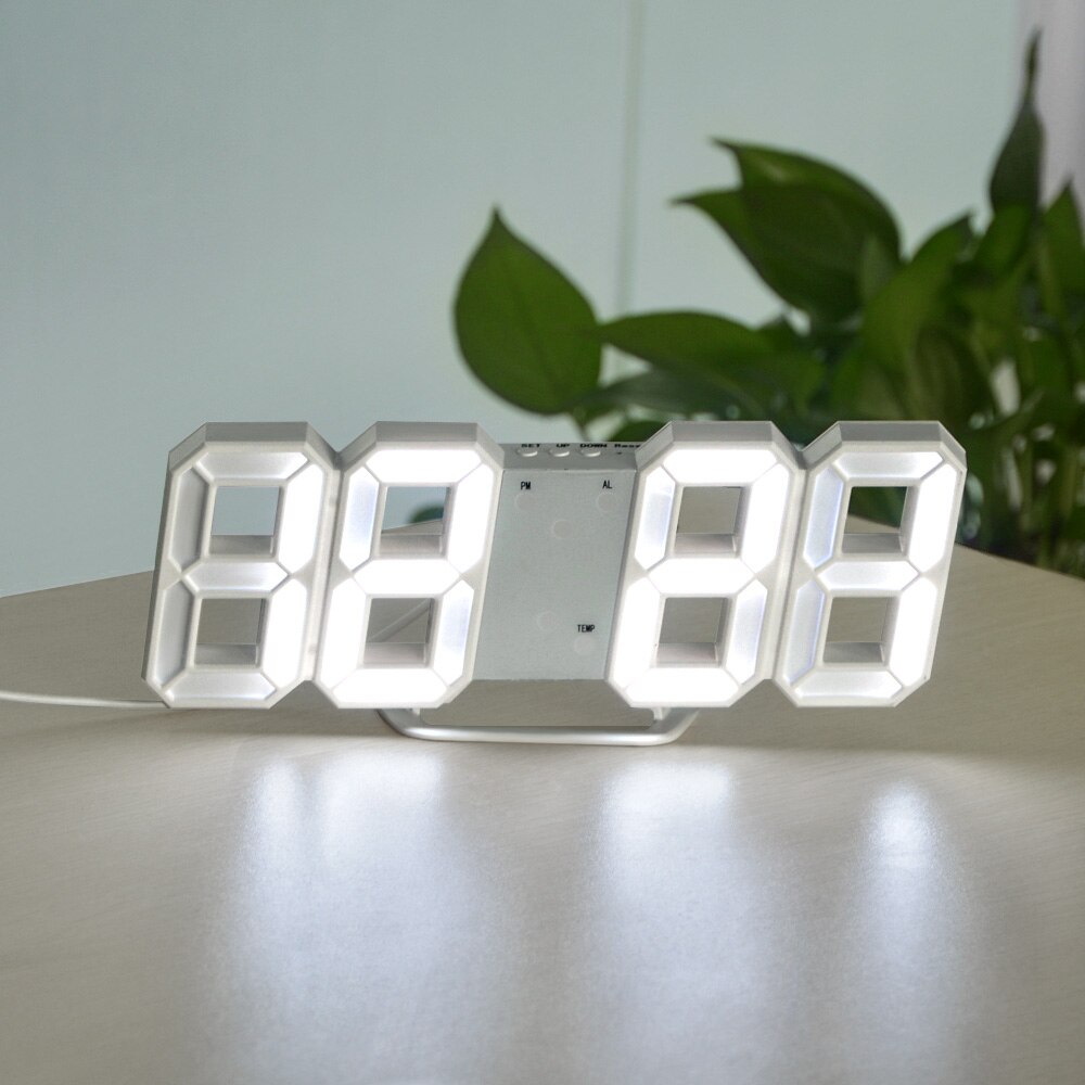 LED 3D Display Alarm Clock Digital Table Clock Home Office Decoration Snooze USB Wake Up light Electronic Desk Wall Clock Watch: White Shell White