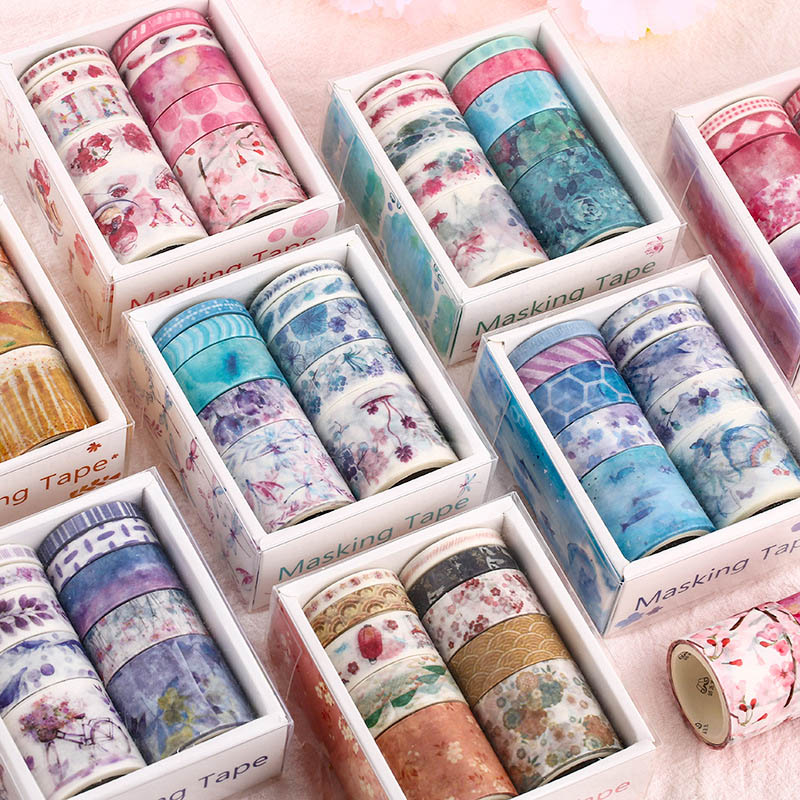 10 st/kartong blad blommatryck washitejp gör-det-själv-dekoration maskeringstejp leksaksdekaltejp för dagbok scrapbooking dekor fotoalbum