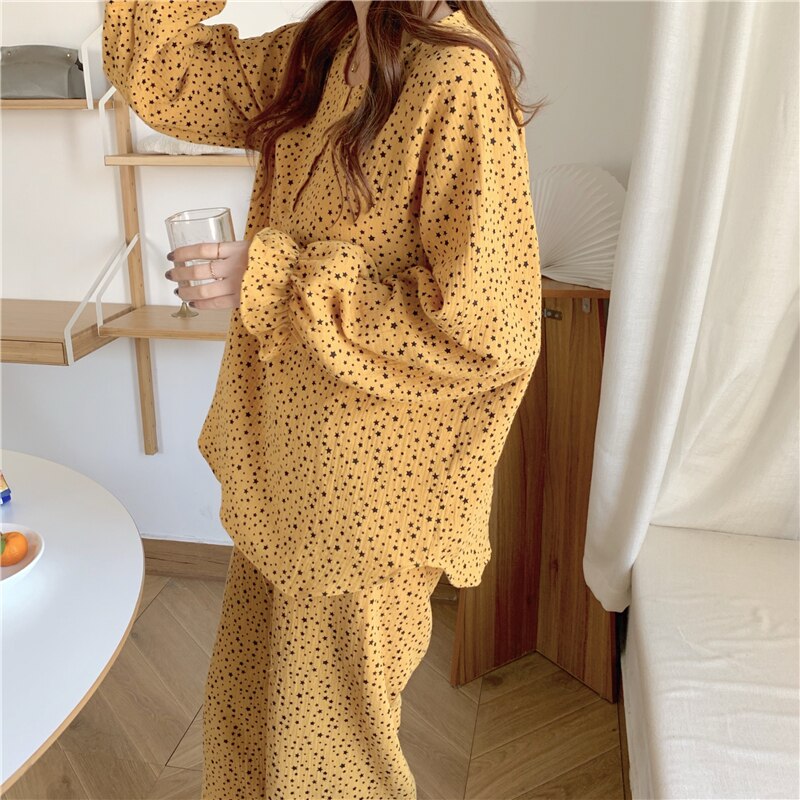 2 piece set sleepwear soft spring autumn pullovers pijamas stars print loos pajamas set homewear: yelllow