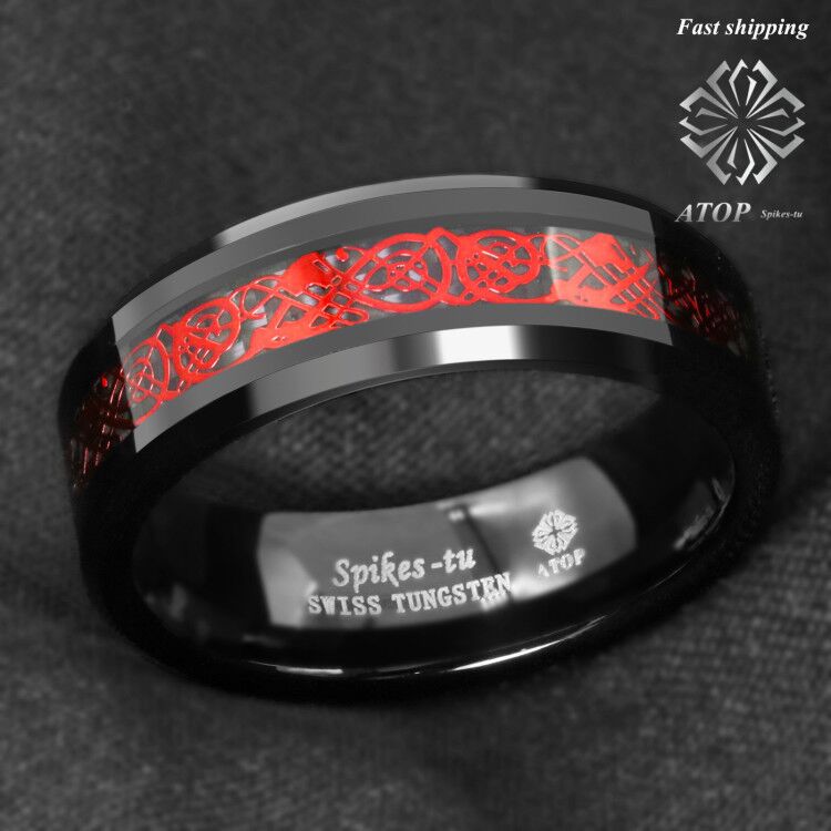 Anneau de tungstène noir 8mm anneau de fibre de carbone noir Dragon celtique rouge au sommet des bijoux