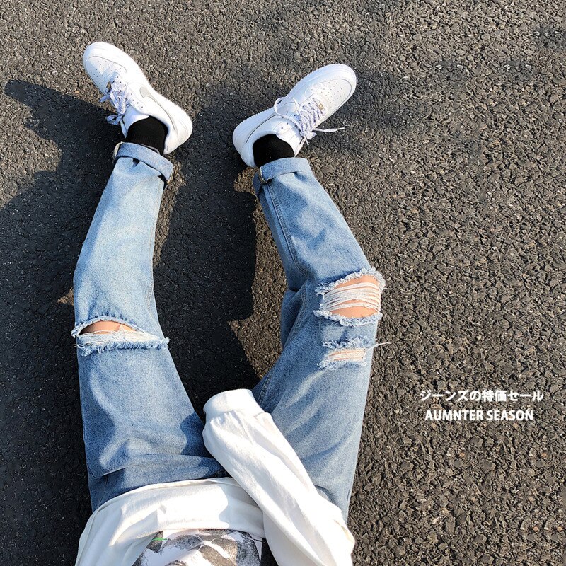 Jean déchiré hommes lavé couleur unie décontracté Jean droit pantalon hommes Streetwear sauvage lâche Hip Hop Denim pantalon hommes