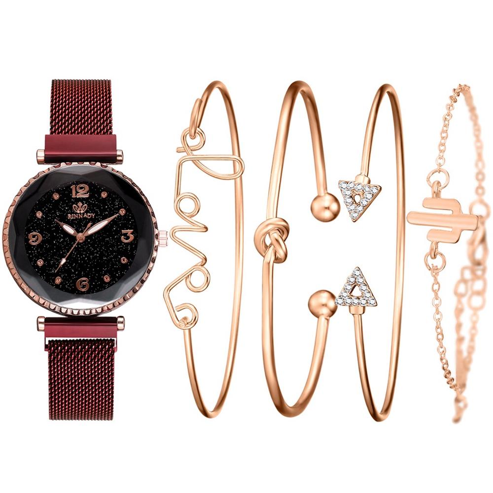 5 pièce/ensemble de luxe femmes montres ciel étoilé aimant boucle Bracelet montre-Bracelet chiffre romain Simple horloge: Rouge