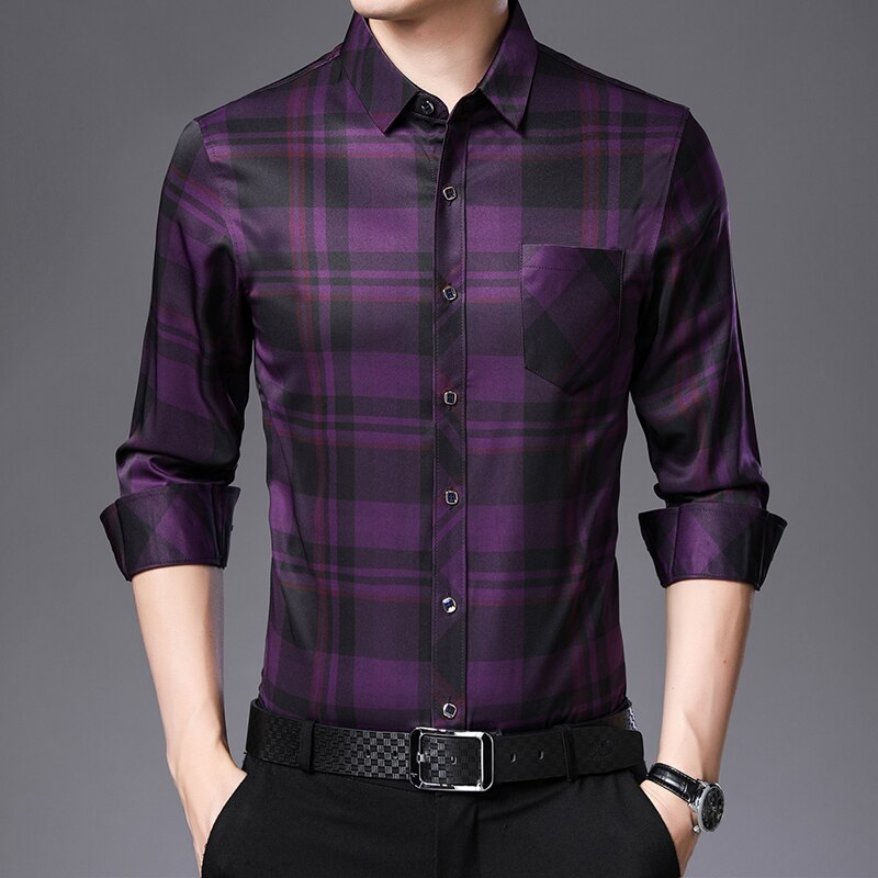 Miacawor Heren Shirts Lente Lange Mouw Slim Fit Camisa Masculina Business Casual Plaid Shirts Vintage Mannen Kleding C589: Paars / Asian XXL