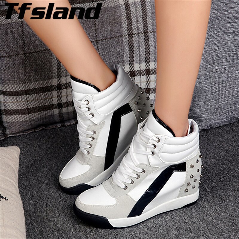 Autumn Women Height Increasing Platform Shoes Women Breathable Patchwork Wedge Shoes Rivet High Top Walking Shoes Sneakers