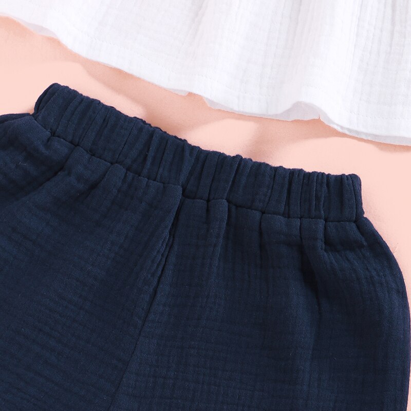 Free Shiping Baby Girl Clothes Set Solid White Vest Top Dark Blue Ruffles Shorts Set Toddler Girl Outfits Kids Girls Summer Set