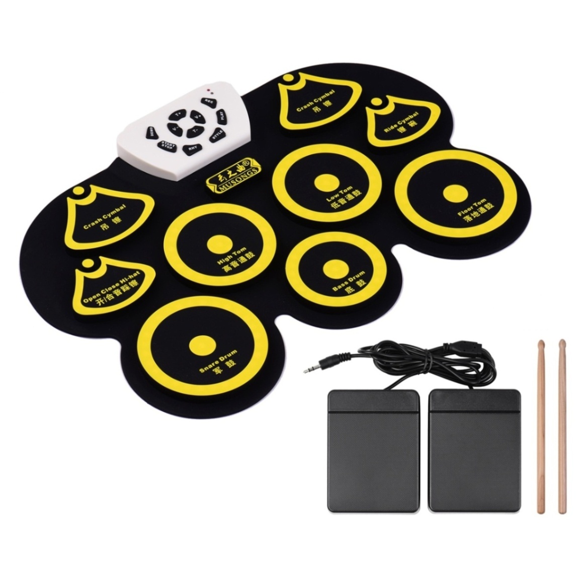 Elektronisk digital usb 9 pads rull opp sett silikon elektrisk trommesett med trommestikker og opprettholde pedal perkusjonsinstrumenter: type 7 gul