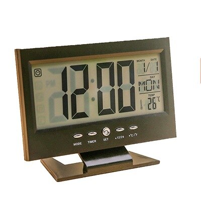 Röststyrning digital klocka bakgrundsbelysning ledd bordsklocka vädermonitor kalender med termometer skrivbordsklocka: Svart