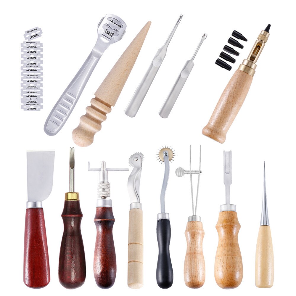 Leather Craft Punch Tools Set Kit Stitching Carving Working Sewing Saddle Groover Leather Crafts Tools Skiving Knife: R