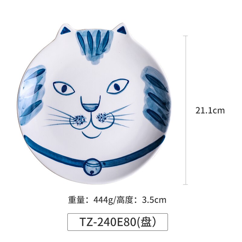 Japansk keramik tecknad katt porslin ris skål krydda maträtt minimalistisk hem hotell restaurang rund mellanmål dessert sushi tallrik: E -8 tum