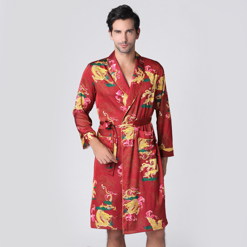 Herre morgenkåber silkeagtig kjole langærmet natkjole mænd kimono silkekåbe mænd pyjamas badekåbe mænd søvnbeklædning sleepman silke badekåbe: Burgunder / Xxl