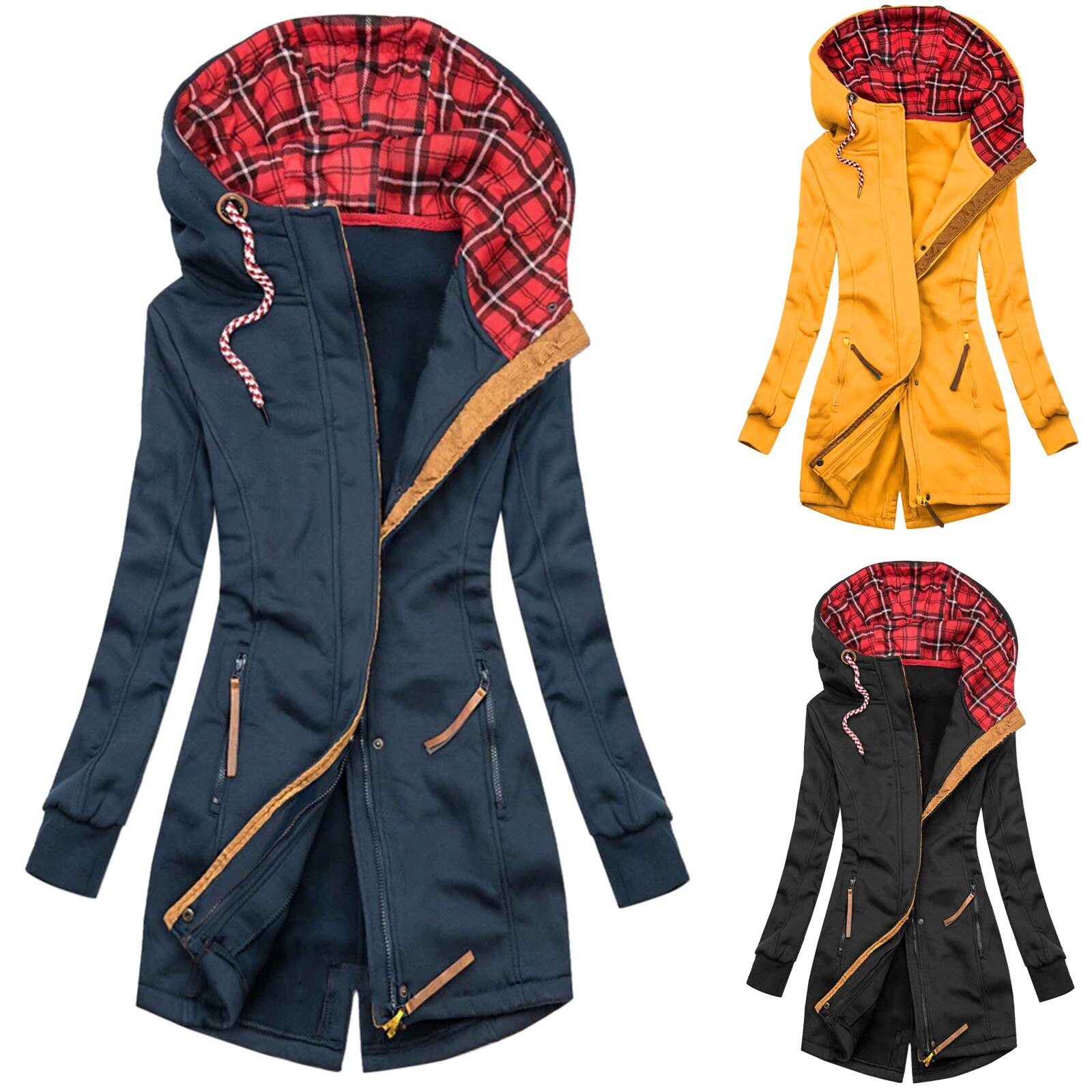 Ladies Long Sleeve Coat Mujer Autumn Women Plaid Print Jacket Zipper Pocket Outwear Female Coats Kobieta Kurtka #T2G