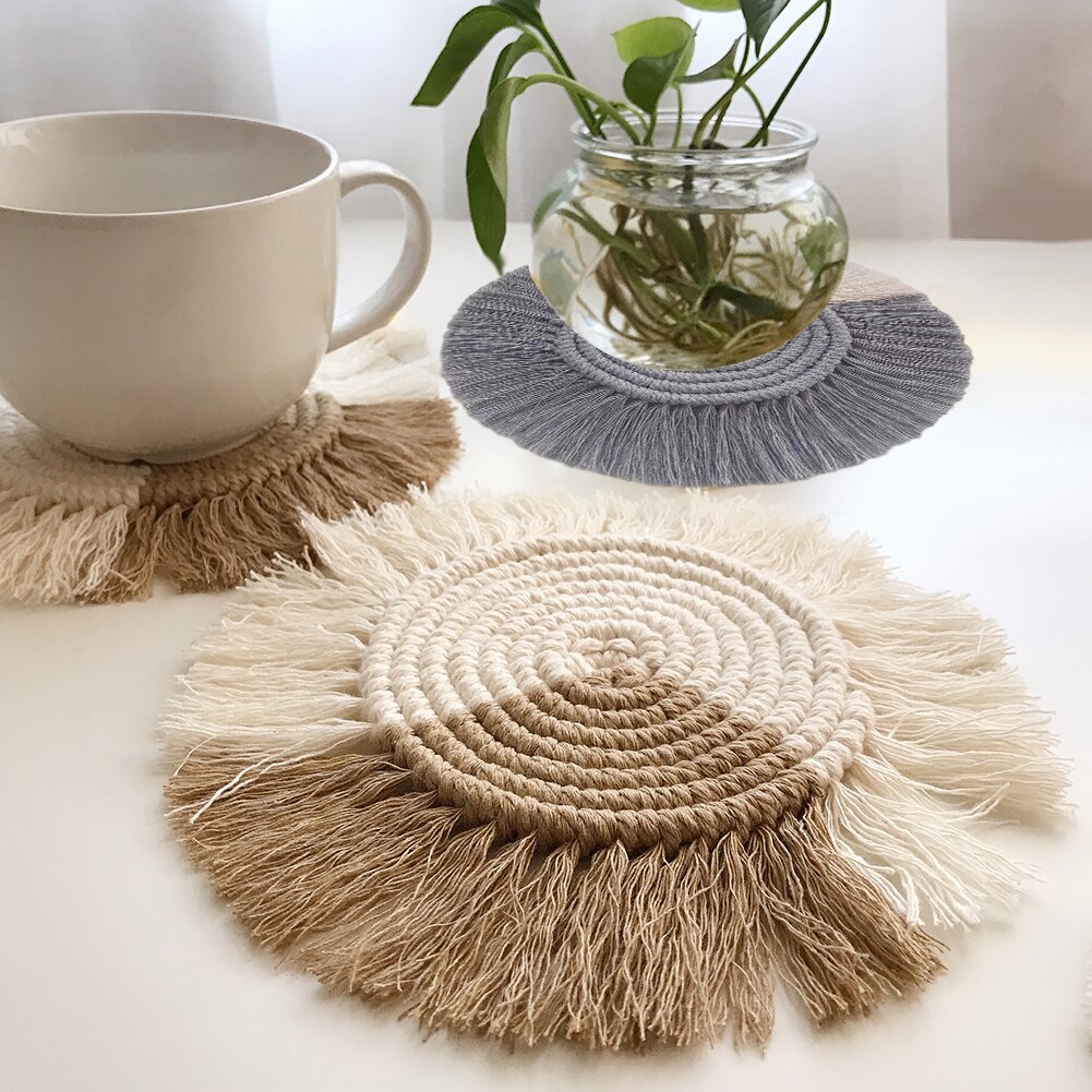 Boho Cup Coaster Handgeweven Katoen Touw Cup Pad Nordic Stijl Warmte Geïsoleerde Coaster Met Kwasten Voor Thuis Kantoor Tafel Boho decor