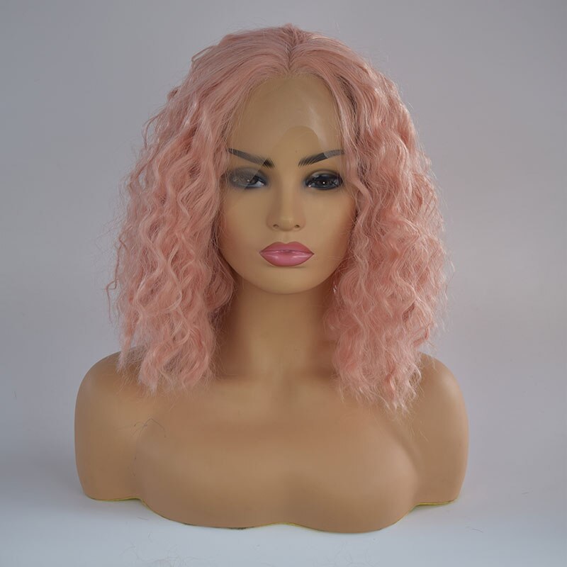 Bombshell Rose Goud Roze Korte Bob Synthetische Haarkant Bouncy Krullend Hittebestendige Vezel Middenscheiding Voor Vrouwen pruiken