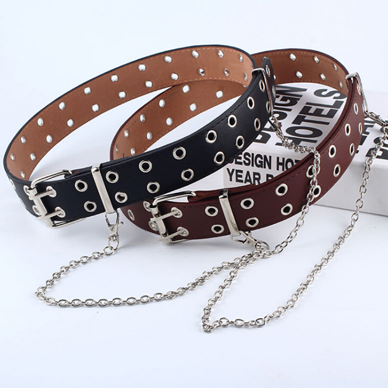 Women Punk Chain Belt Adjustable Black Double/Single Eyelet Leather Buckle Belt women belt