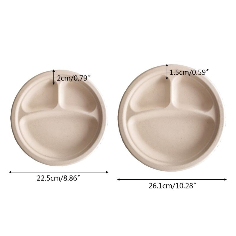 50Pcs/bag 9\"/10\" Degradable Bagasse Paper Plate 3 Compartment Disposable Plate