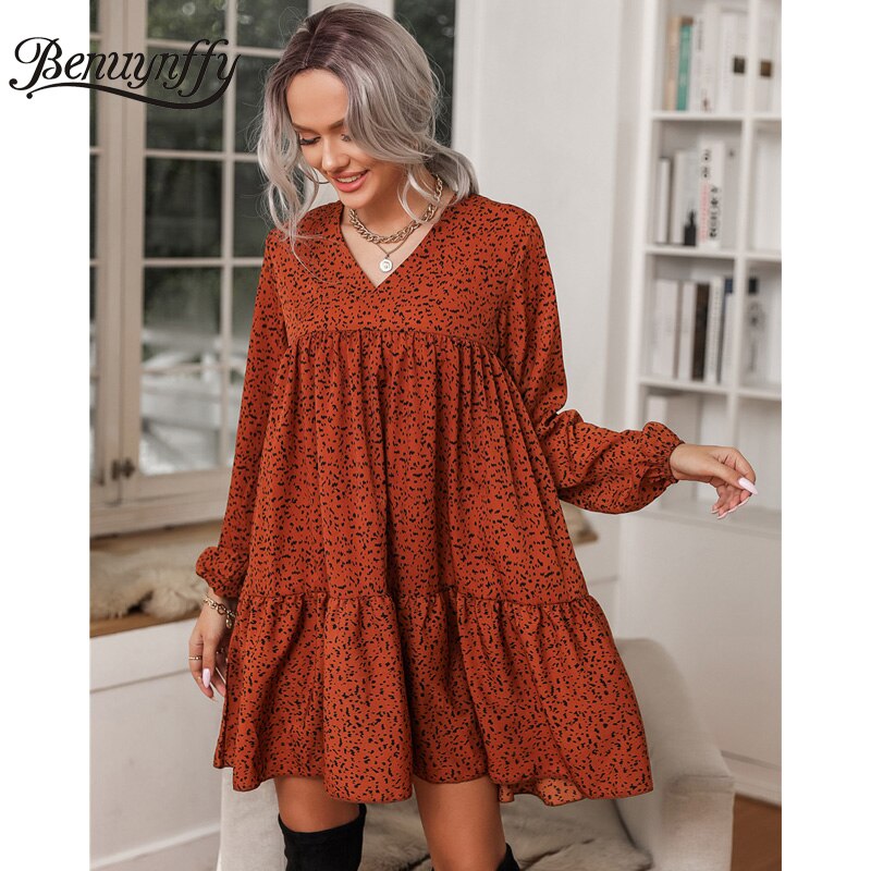 Benuynffy v-hals print ruche zoom smock jurk lente vrouwen boho mini jurken lange mouwen vrouwelijke casual losse jurk