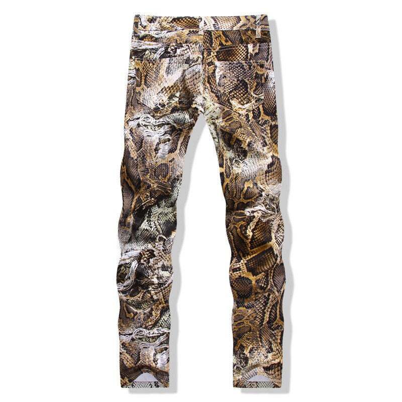Skinny jeans mænd herre jeans slangeskind print slim farvede stretch denim bukser til mænd