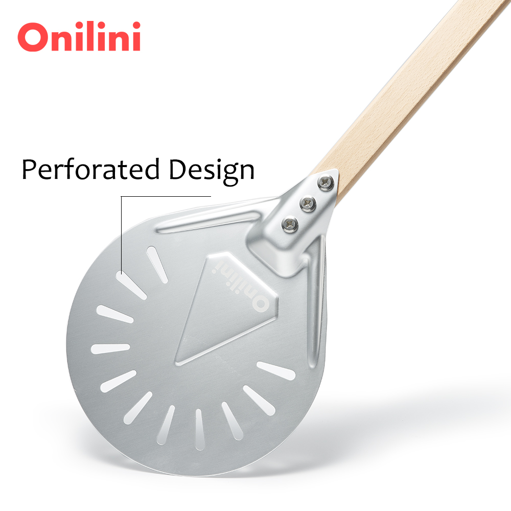 Onilini 7/8/9 inch Perforated Pizza Peel Anodized Wooden Handle Short Pizzas Shovel Pizza Shovel Paddle with Free Spoon