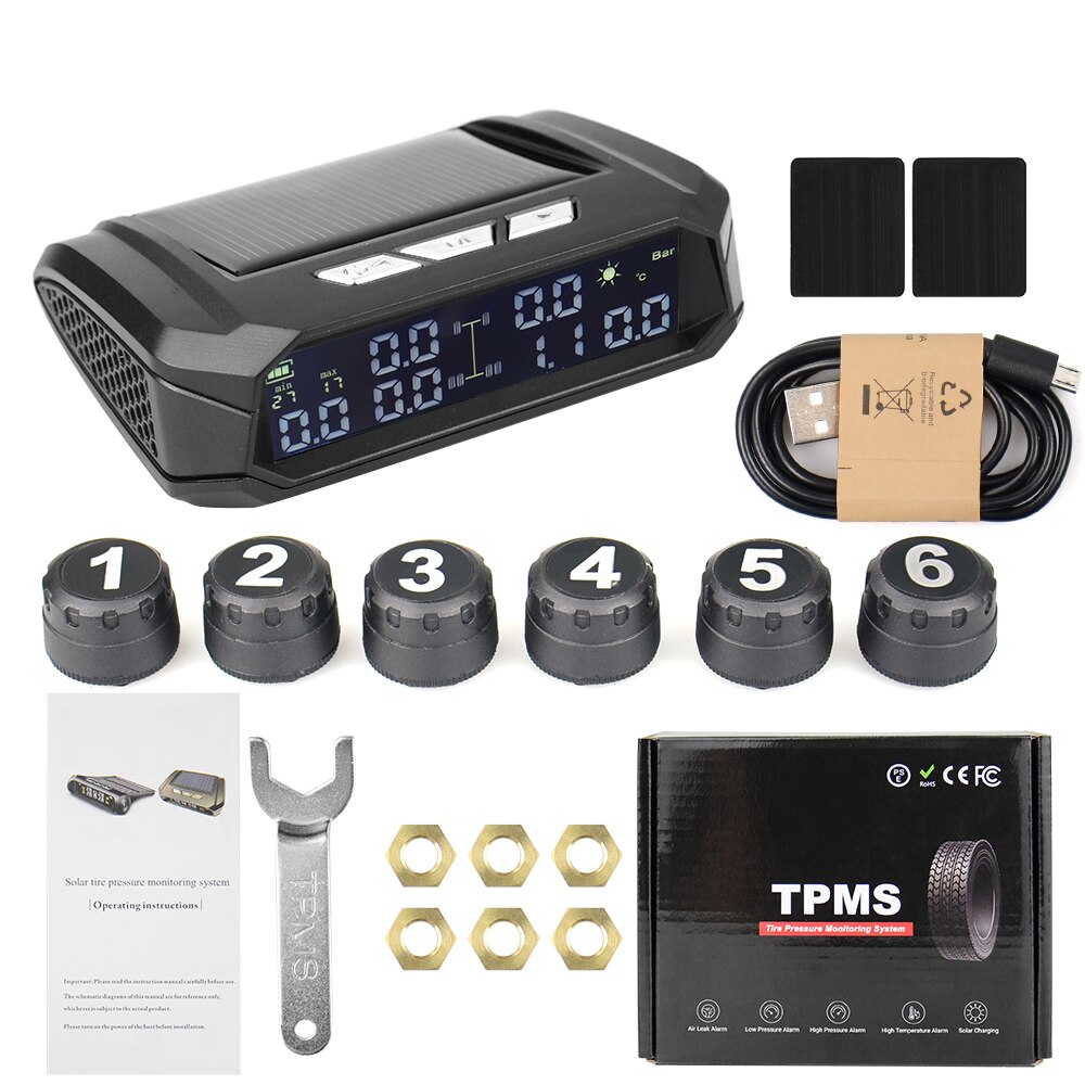Universal Truck TPMS With 6 External Sensors Tire Pressure Monitor Solar USB Charging Tyre Pressure Monitor for Truck Safety