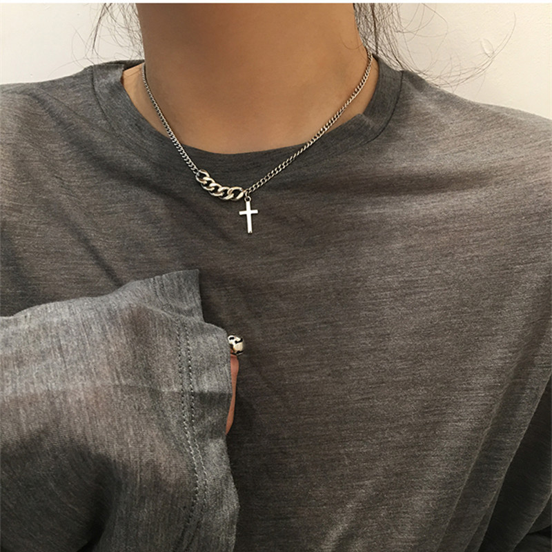 Kpop Vintage Stainless Steel Cross Short Necklace Sweater Chain For Men Woman Statement Egirl Bff Harajuku Party Jewelry