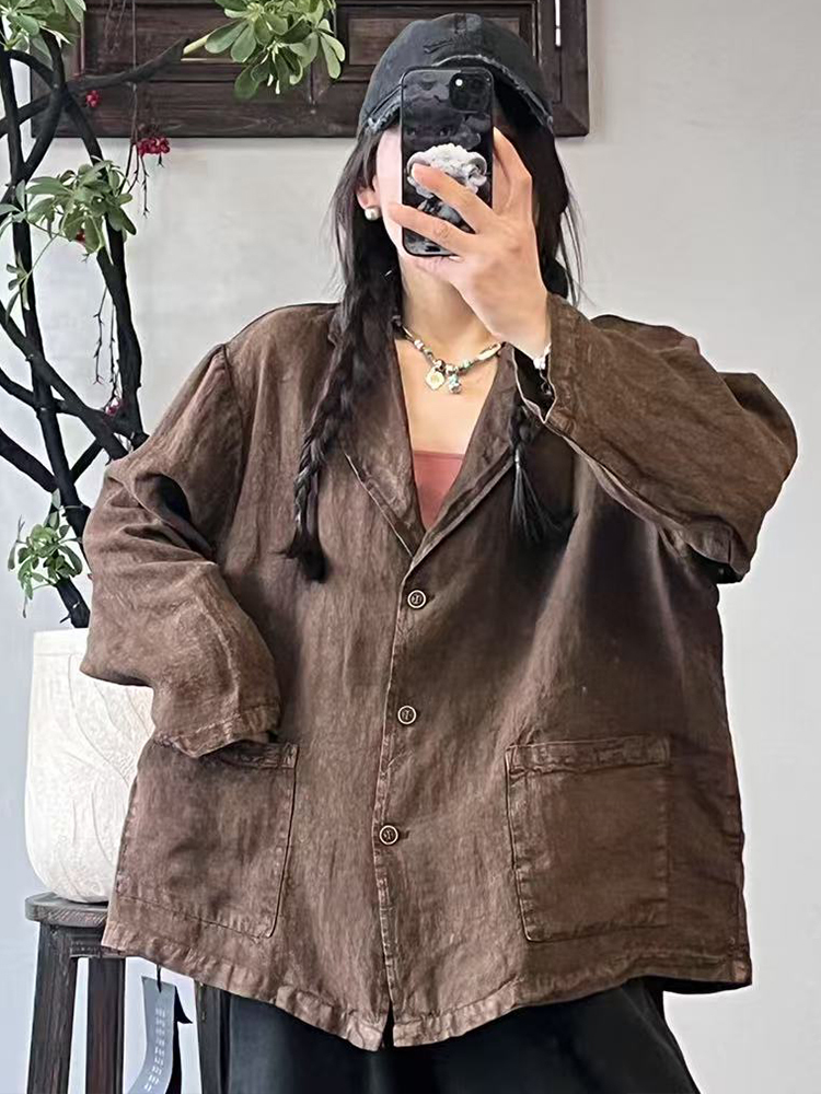 Amaxlulue sommar koreansk kavaj dam löst sittande linnejackor damer vintage casual ytterkläder lyxiga bomullskappor: Brun