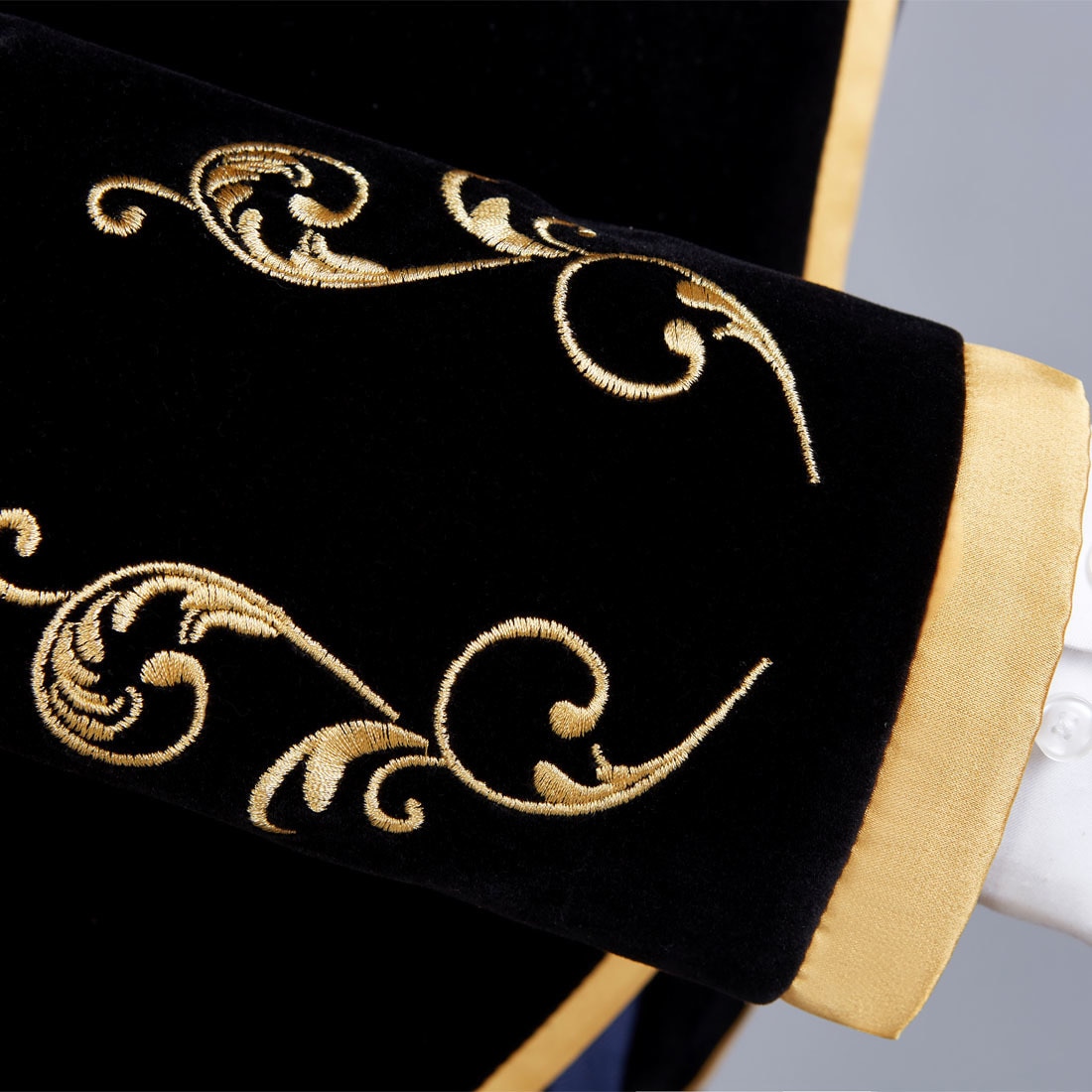 PYJTRL British Style Palace Prince Black Velvet Gold Embroidery Blazer Wedding Groom Slim Fit Suit Jacket Singers Coat