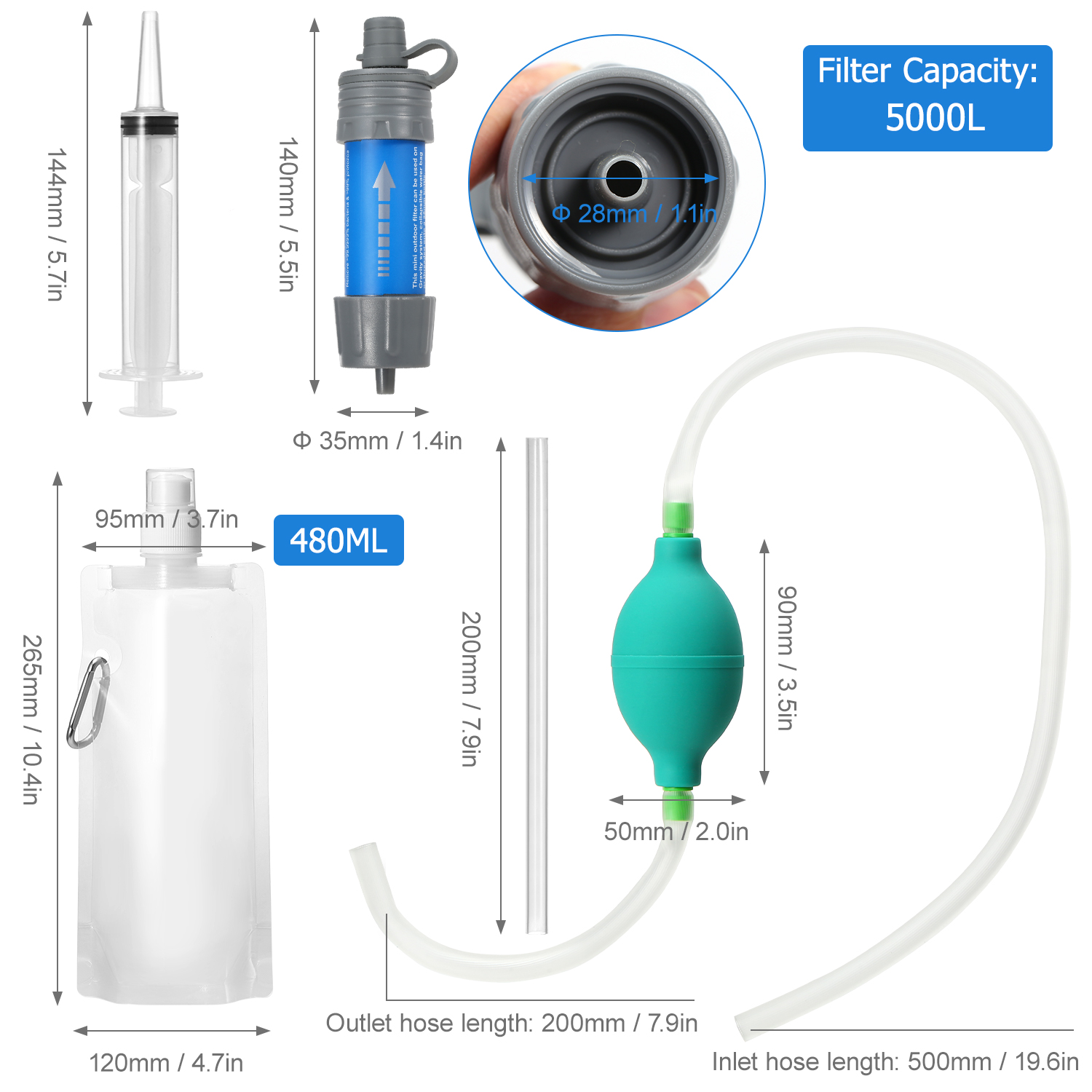 600ml Soft TPU Collapsible Water Filter Bottle with Water Filter Straw BPA Free Outdoor Filtered Water Bag for Camping Cycling