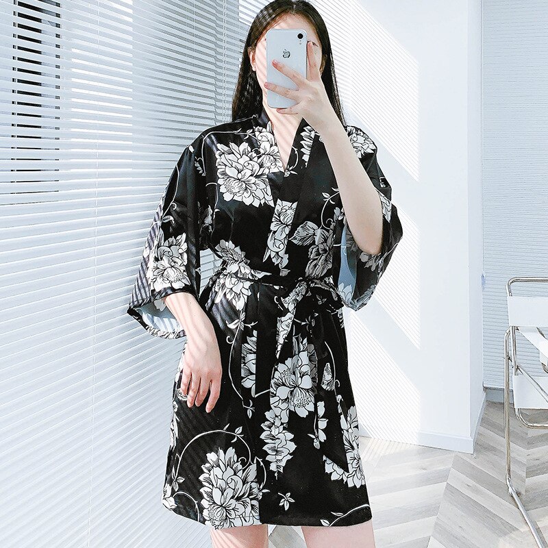 Women's Nightgown Ice Silk Pajamas Summer Printed Home Clothes Kimono Robe Bathrobe Sexy Sleepwear Nightie: M