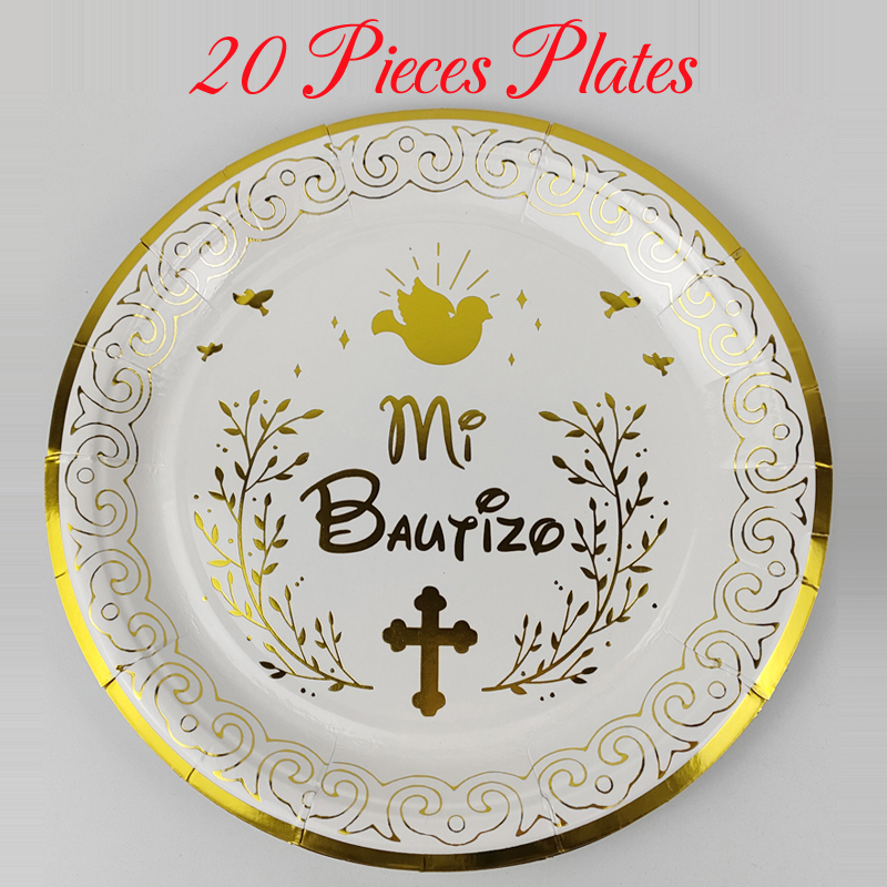 Assiettes en papier espagnol Mi Bautizo de 7 pouces et tasse de 250ml, articles de décoration de fête de baptême pour enfants d'espagne, 20 pièces: Fluorescence Jaune