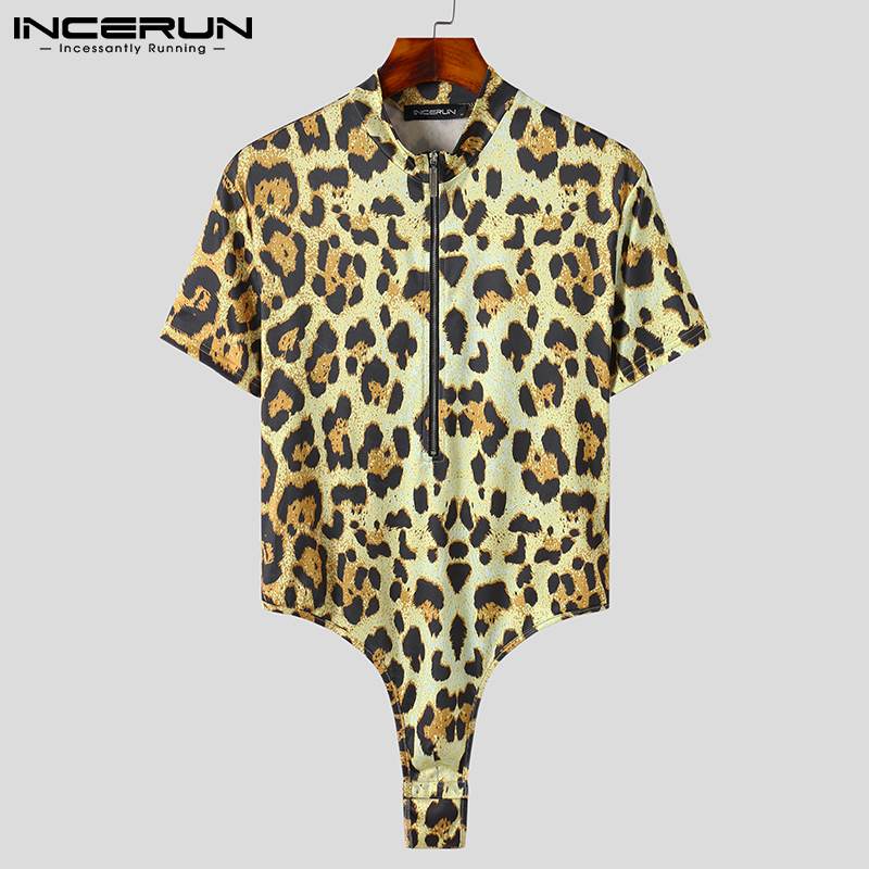 Men Bodysuits Leopard Print Underwear Turtleneck Short Sleeve Zipper Sexy Rompers Skinny Cozy Men Bodysuit Pajamas S-5XL INCERUN