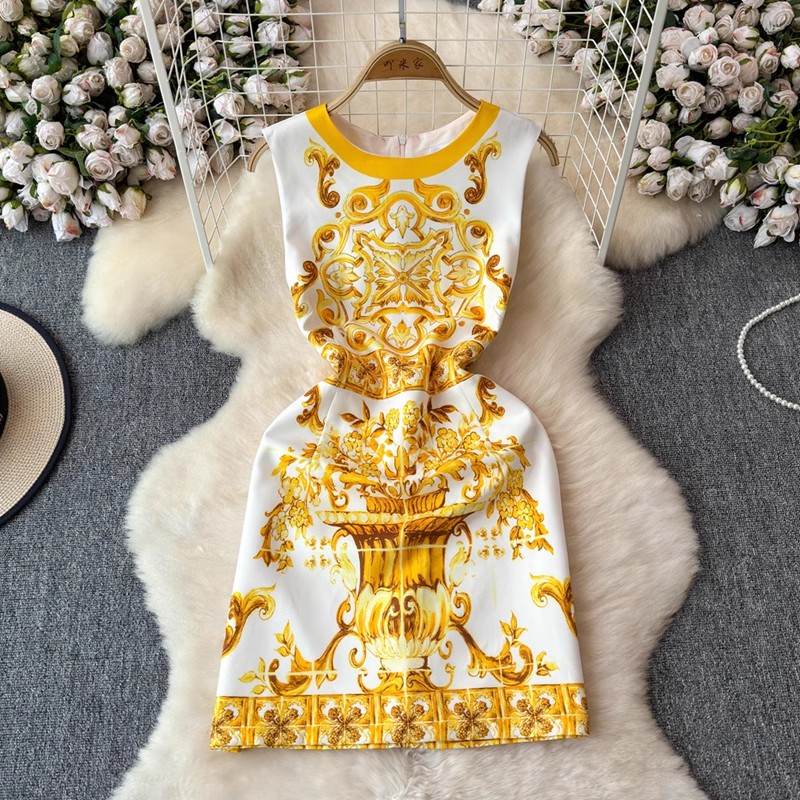 Robe en porcelaine bleue et blanche pour femme, col rond, imprimé de fleurs, mini robe, précieux, éducatif, rouge fibre, estivale, piste de: M / Or