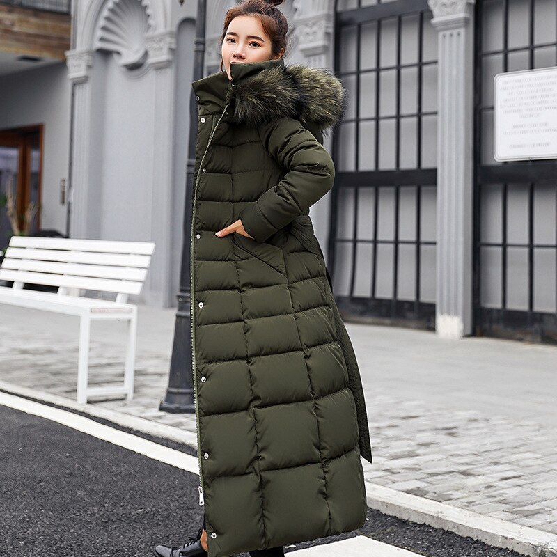 chaquetas de mujer x-long delgada mujer chaqueta de invierno algodón acolchado cálido grueso señoras abrigo abrigos largos Parka: Verde militar / Asian 3XL