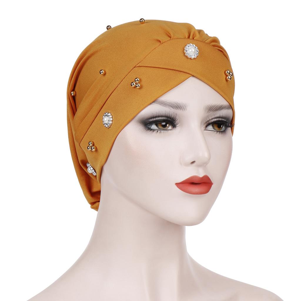 Nuove Donne Musulmano Perline Cancro cap Cofano Cappello Turbante Foulard avvolgere cap Perdita di Capelli Elastico Skullies Berretti Arabo di Modo Della Copertura: giallo