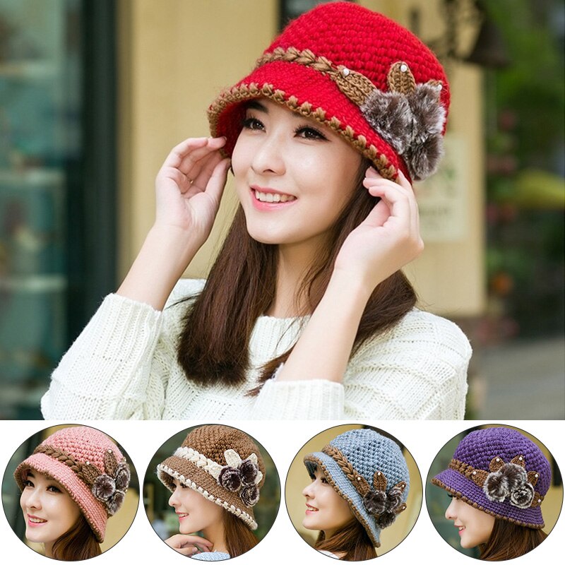 Women Woolen Beanie Hat Winter Knitted Caps With Flower Pattern Ladies Warm Bucket Hats Capot