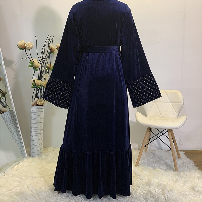 Ankomster gyllene sammet öppen front abaya kimono kvinnor muslimsk klänning blygsam slitage dubai kalkon ren abaya duster kofta