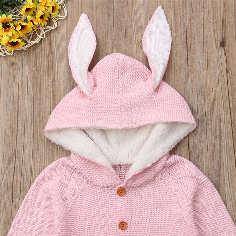 Nyfødt sød baby pige dreng strik trøje 3d kanin øre hætteklædte cardigan overtøj tøj tøj langærmet varm bomuldstøj