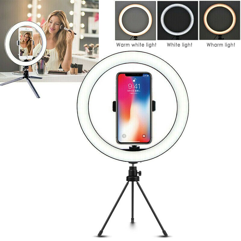 8/10" White/Black USB Interface Dimmable LED Selfie Ring Light Camera Phone Photography Video Makeup Lamp With Tripod Phone Clip: White